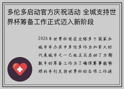多伦多启动官方庆祝活动 全城支持世界杯筹备工作正式迈入新阶段