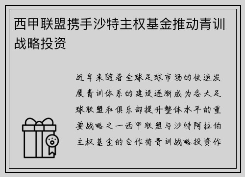 西甲联盟携手沙特主权基金推动青训战略投资 西甲联盟携手沙特主权基金推动青训战略投资